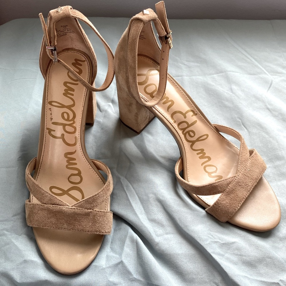 Sam Edelman Tan Suede Block Heels (with ankle strap, open toe)👡